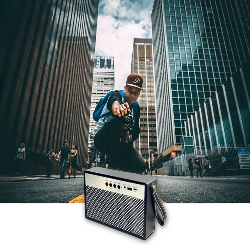 Black mini portable Bluetooth speaker with retro finish