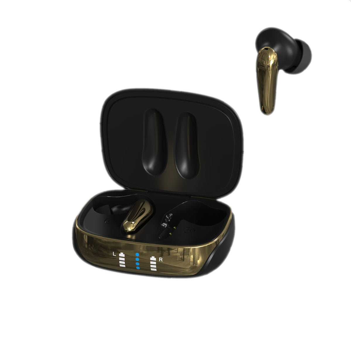 Matte black and gold AIR Focus ANC active noise cancelling earbuds