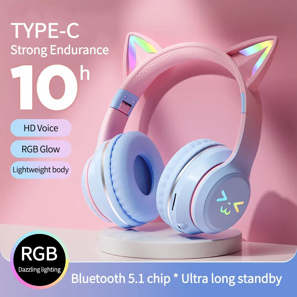 Blue wireless Bluetooth cat-ear headphones