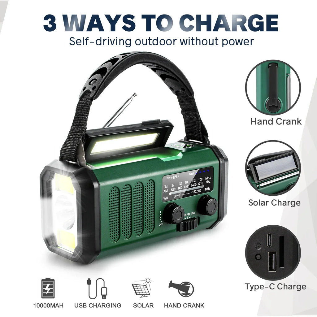 Solar-Notfallradio mit 10.000 mAh und Kurbel, grün