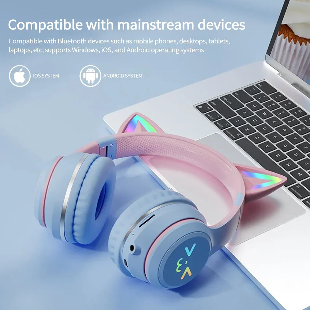 Blue wireless Bluetooth cat-ear headphones