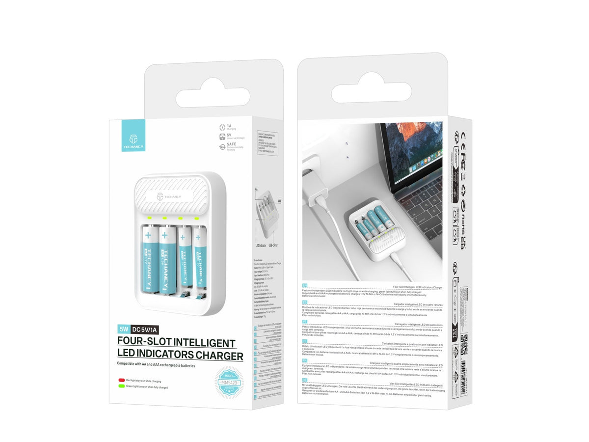 Techancy MM5420 Ladegerät für 4 AA/AAA Ni-MH-Akkus mit 1,2 V und LED, weiß