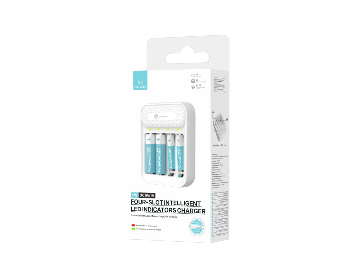 Techancy MM5420 Ladegerät für 4 AA/AAA Ni-MH-Akkus mit 1,2 V und LED, weiß