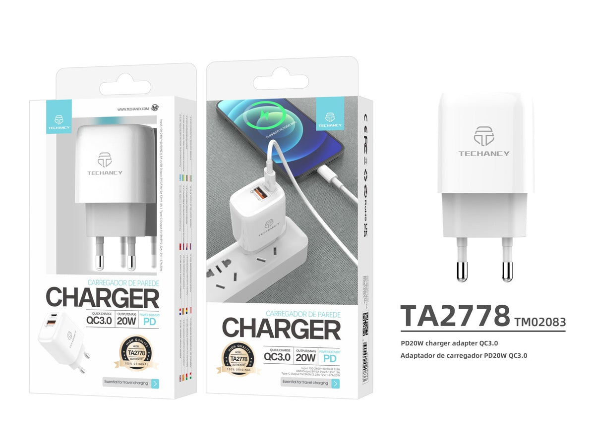 Weißes 20-W-Ladegerät Techancy TA2801 mit PD-Schnellladefunktion und QC 3.0