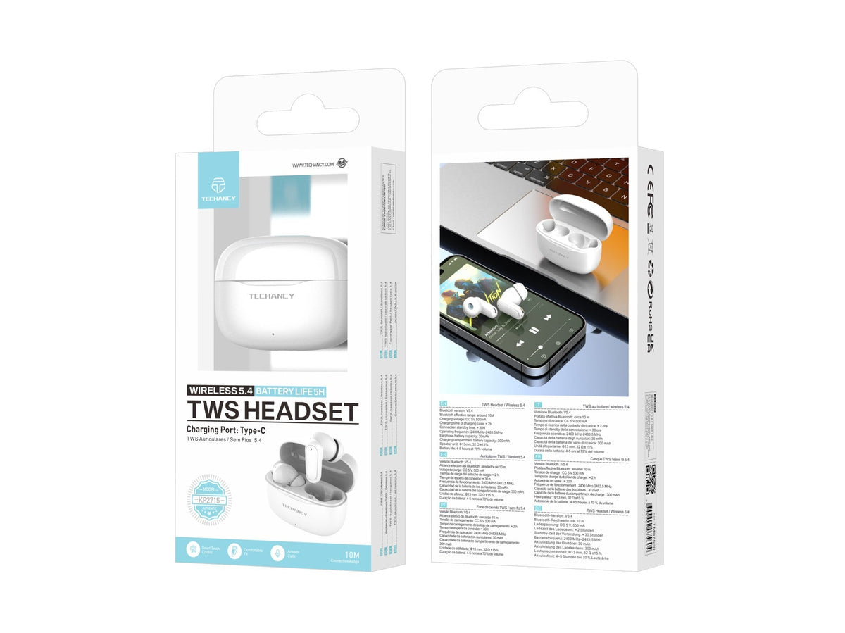 Écouteurs Techancy TWS KP2715 Bluetooth 5.4 avec microphone HD, blancs