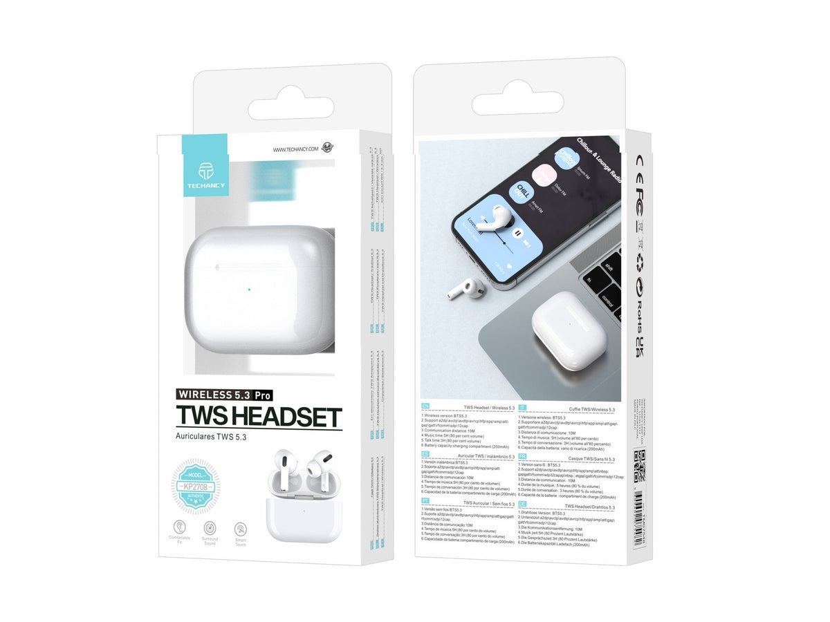 Écouteurs Techancy TWS KP2708 Bluetooth 5.3 blancs, jusqu'à 5 h de lecture