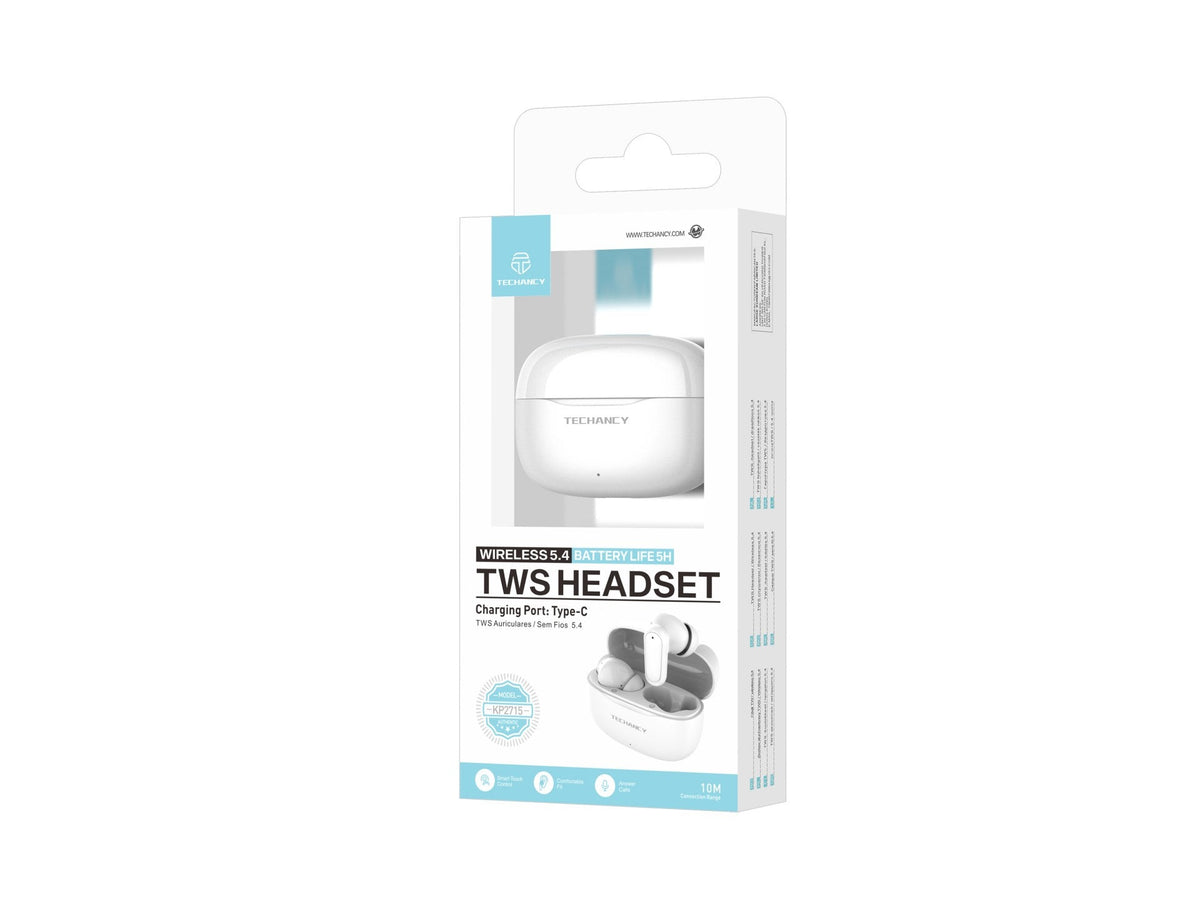Écouteurs Techancy TWS KP2715 Bluetooth 5.4 avec microphone HD, blancs