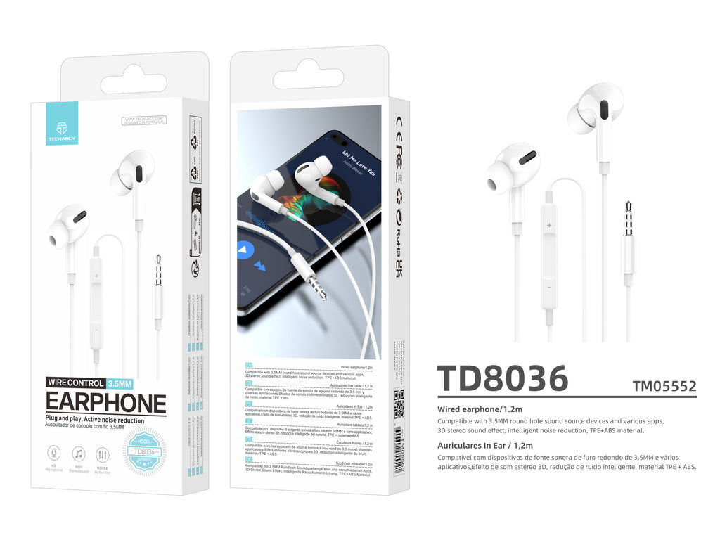 Techancy TD8036 kabelgebundene Kopfhörer mit 3,5-mm-Klinkenanschluss und Mikrofon, weiß